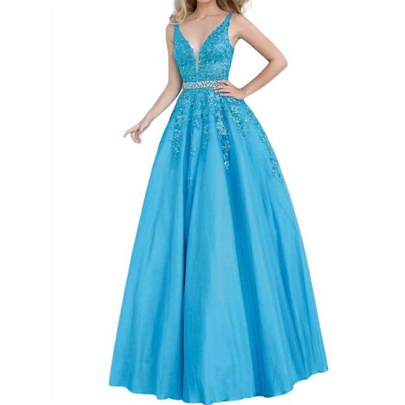 NEW JVN embellished lace prom dress in turq